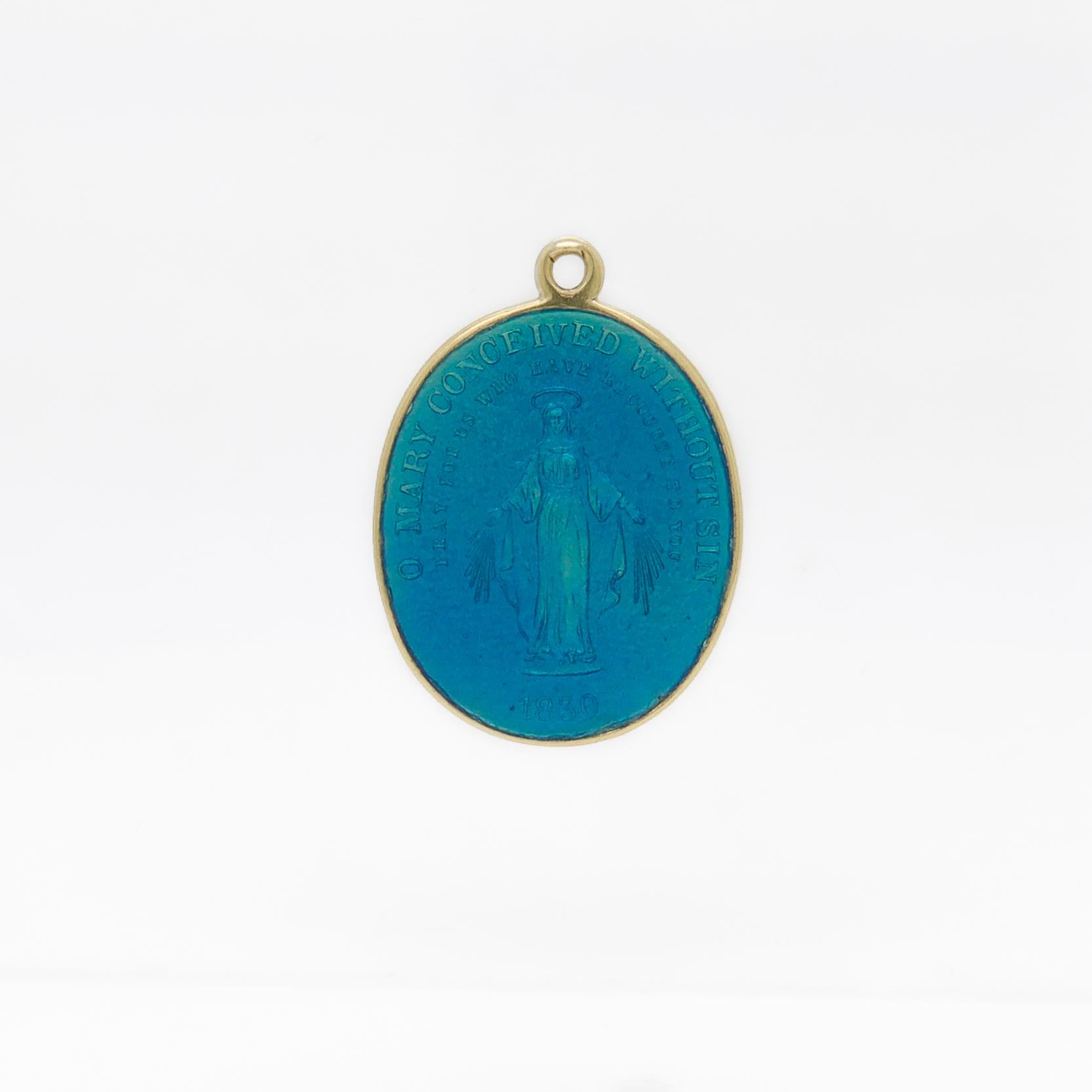 Rétro Ciondolo con medaglia miracolosa, in oro 14K e smalto blu, religioso e cristiano in vendita
