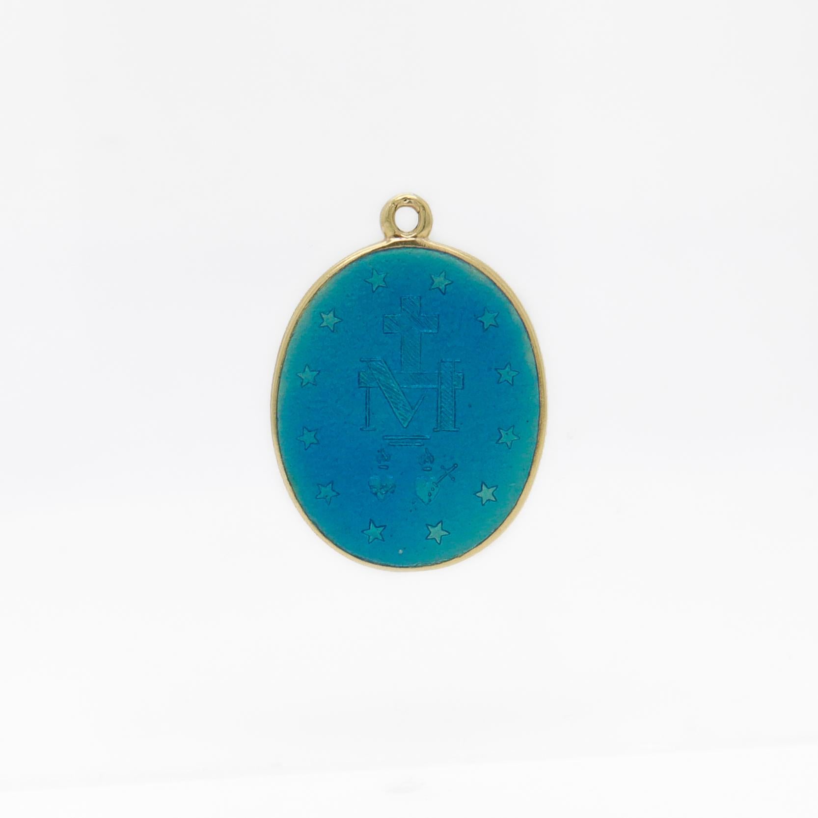 Ciondolo con medaglia miracolosa, in oro 14K e smalto blu, religioso e cristiano In condizioni buone in vendita a Philadelphia, PA
