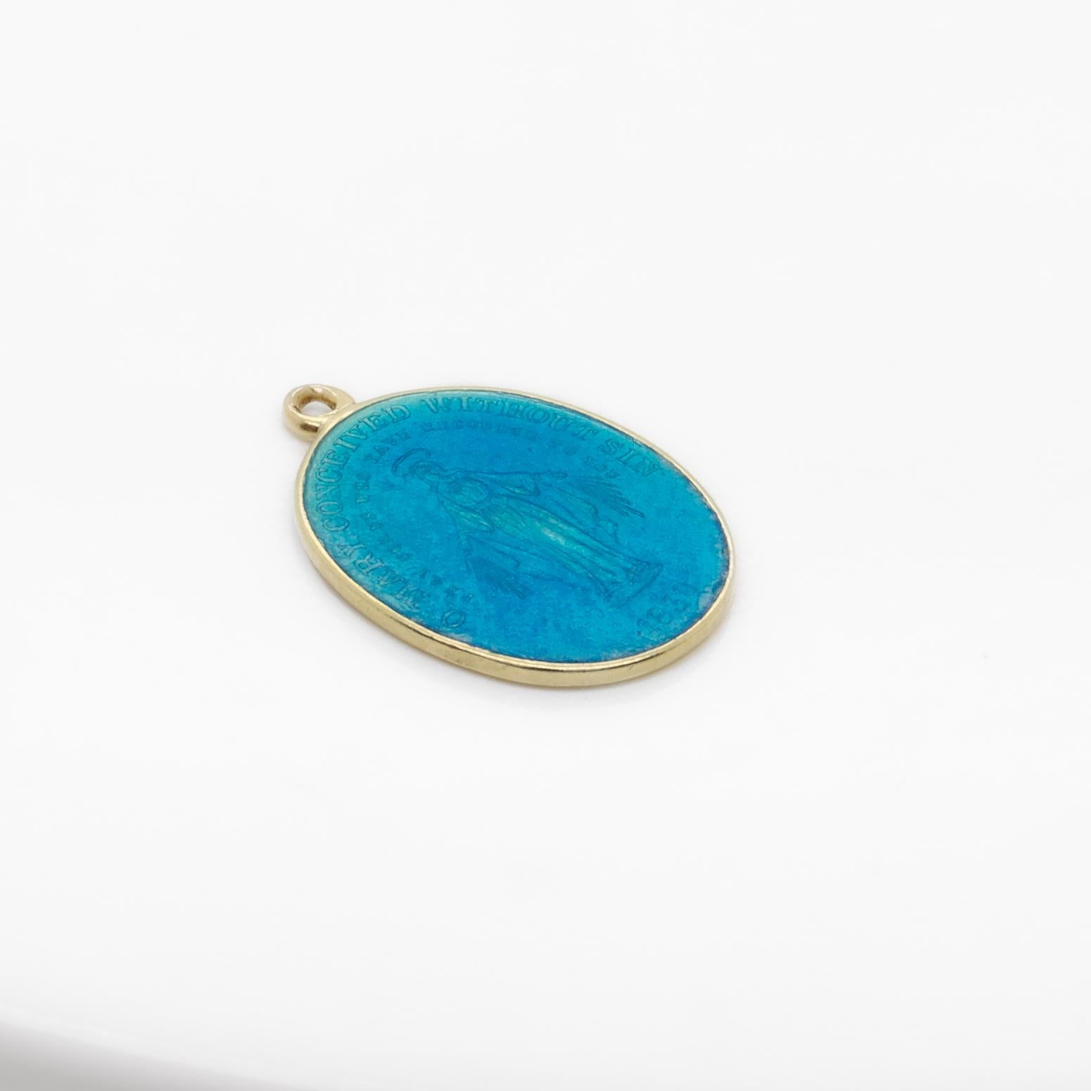 da uomo o donna Ciondolo con medaglia miracolosa, in oro 14K e smalto blu, religioso e cristiano in vendita