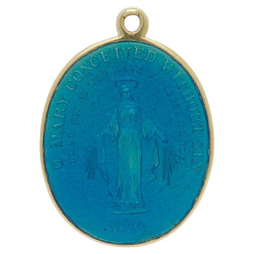 Ciondolo con medaglia miracolosa, in oro 14K e smalto blu, religioso e cristiano in vendita