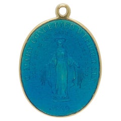 14K Gold & blaue Emaille Religiöse Christliche 'Wundertätige Medaille' Charme / Anhänger