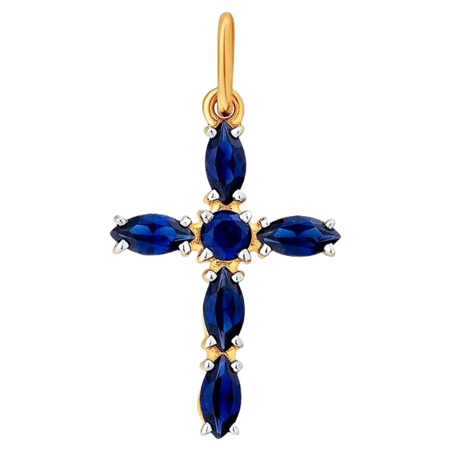 14k gold blue gemstones cross pendant For Sale
