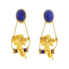14k Gold Blue Lapis Cherub on a Swing Drop Earrings Jensen Palm Beach 27.90Gr