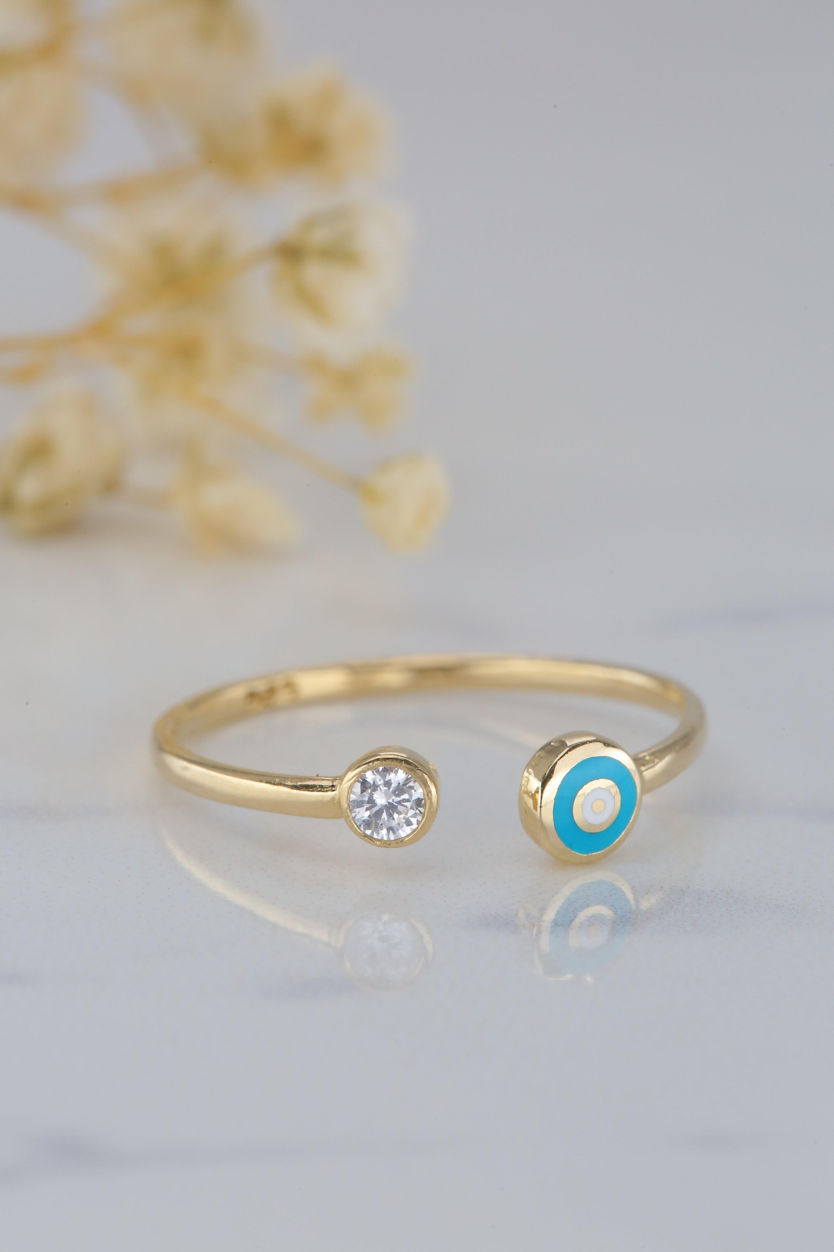 14K Gold Blue Round Circle Cuff Ring with Enamel 6