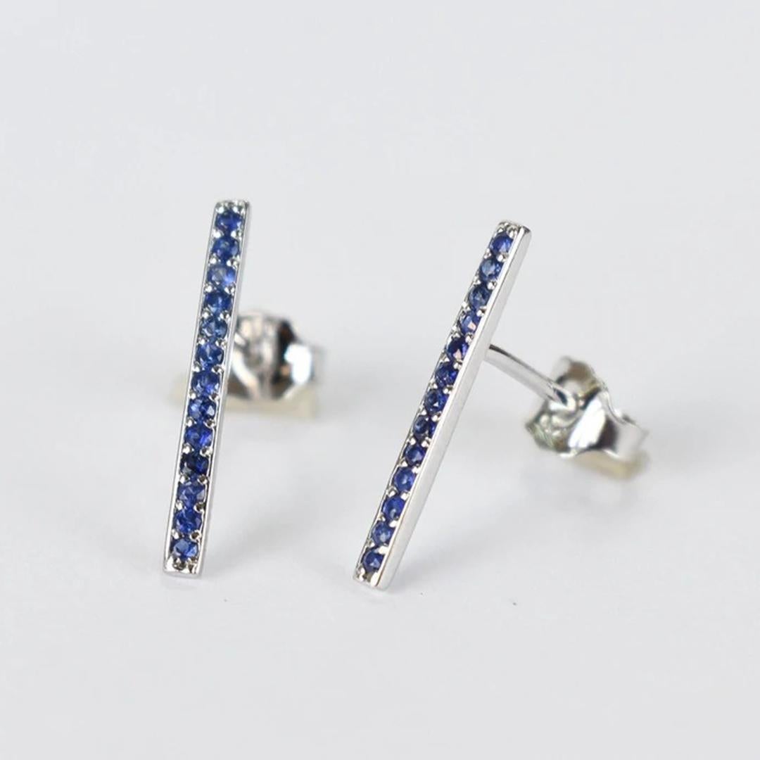 14K Gold Blue Sapphire 26 Pcs Sapphire Stud Earrings Bar Earrings For Sale 1