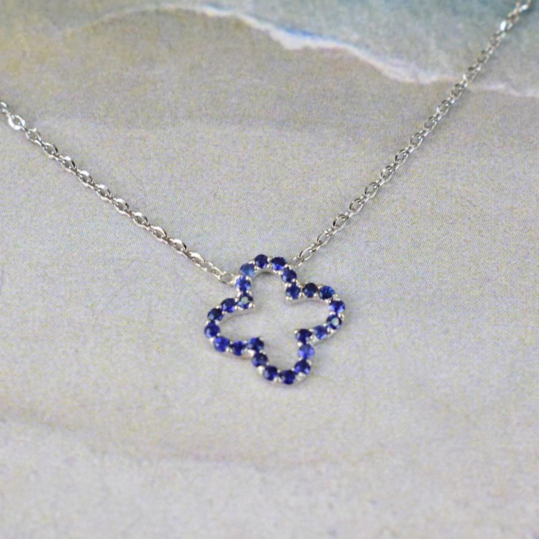 Modern 14k Gold Genuine Blue Sapphire Clover Necklace Tiny Clover Birthstone Necklace For Sale