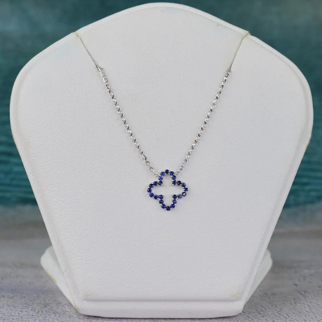 Round Cut 14k Gold Genuine Blue Sapphire Clover Necklace Tiny Clover Birthstone Necklace For Sale