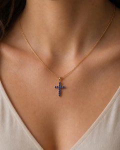 14k gold Blue Sapphire Cross Pendant