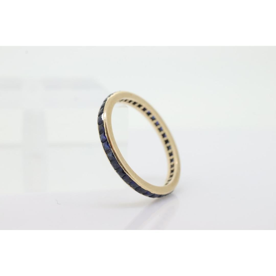14k Gold BLUE Sapphire Full Eternity Thin Band. Thin Channel Set Princess In Good Condition For Sale In Port Charlotte, FL