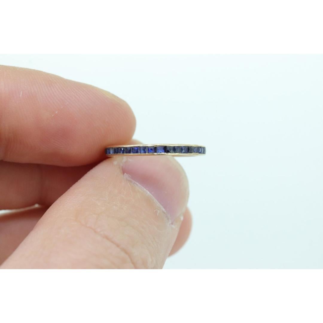 14k Gold BLUE Sapphire Full Eternity Thin Band. Thin Channel Set Princess For Sale 3