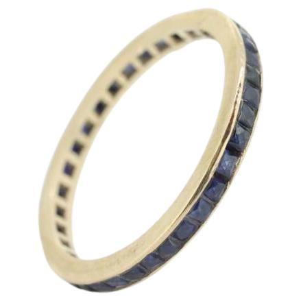 14k Gold BLUE Sapphire Full Eternity Thin Band. Thin Channel Set Princess For Sale