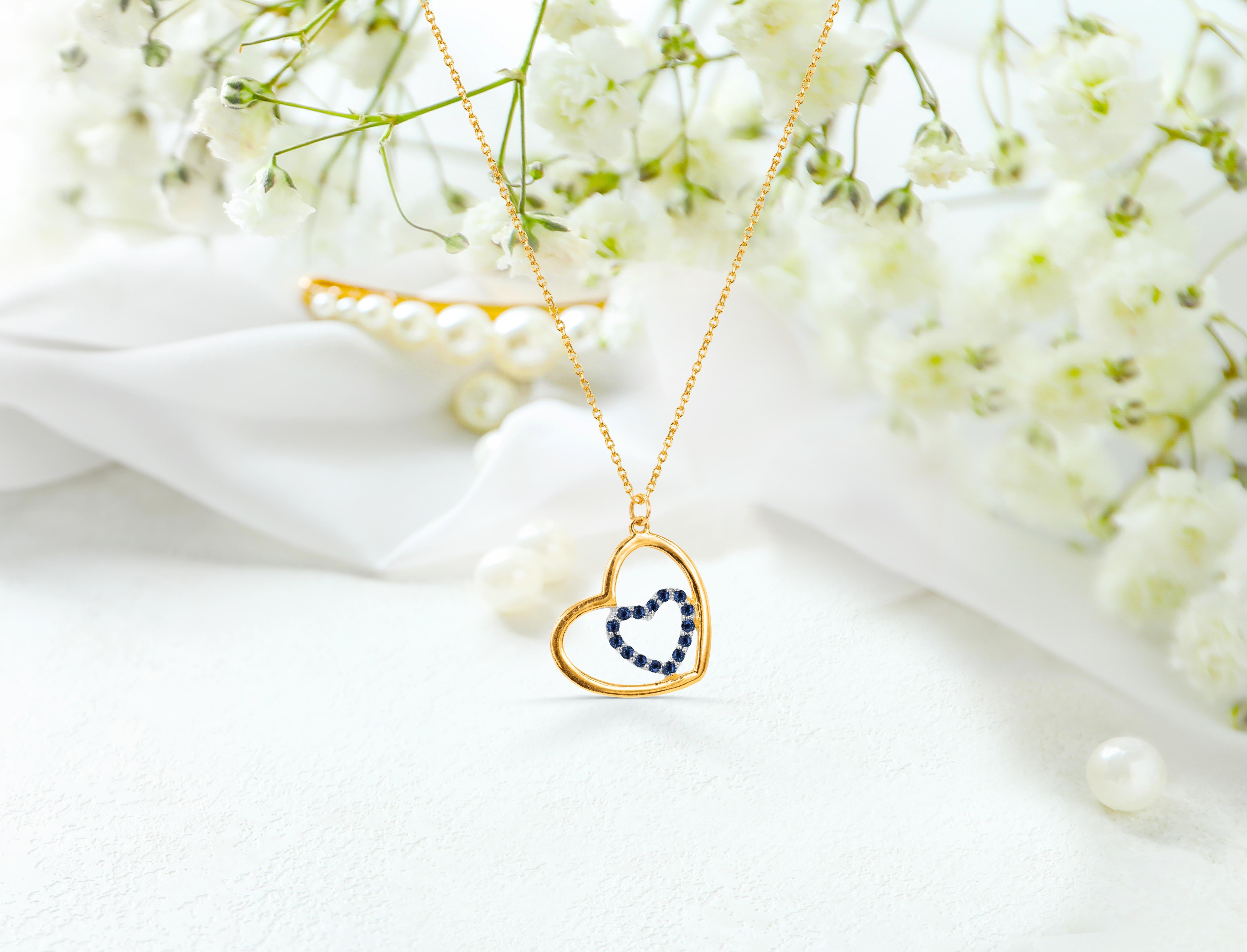 14k Gold Blue Sapphire Necklace Dainty Heart Necklace For Sale 4
