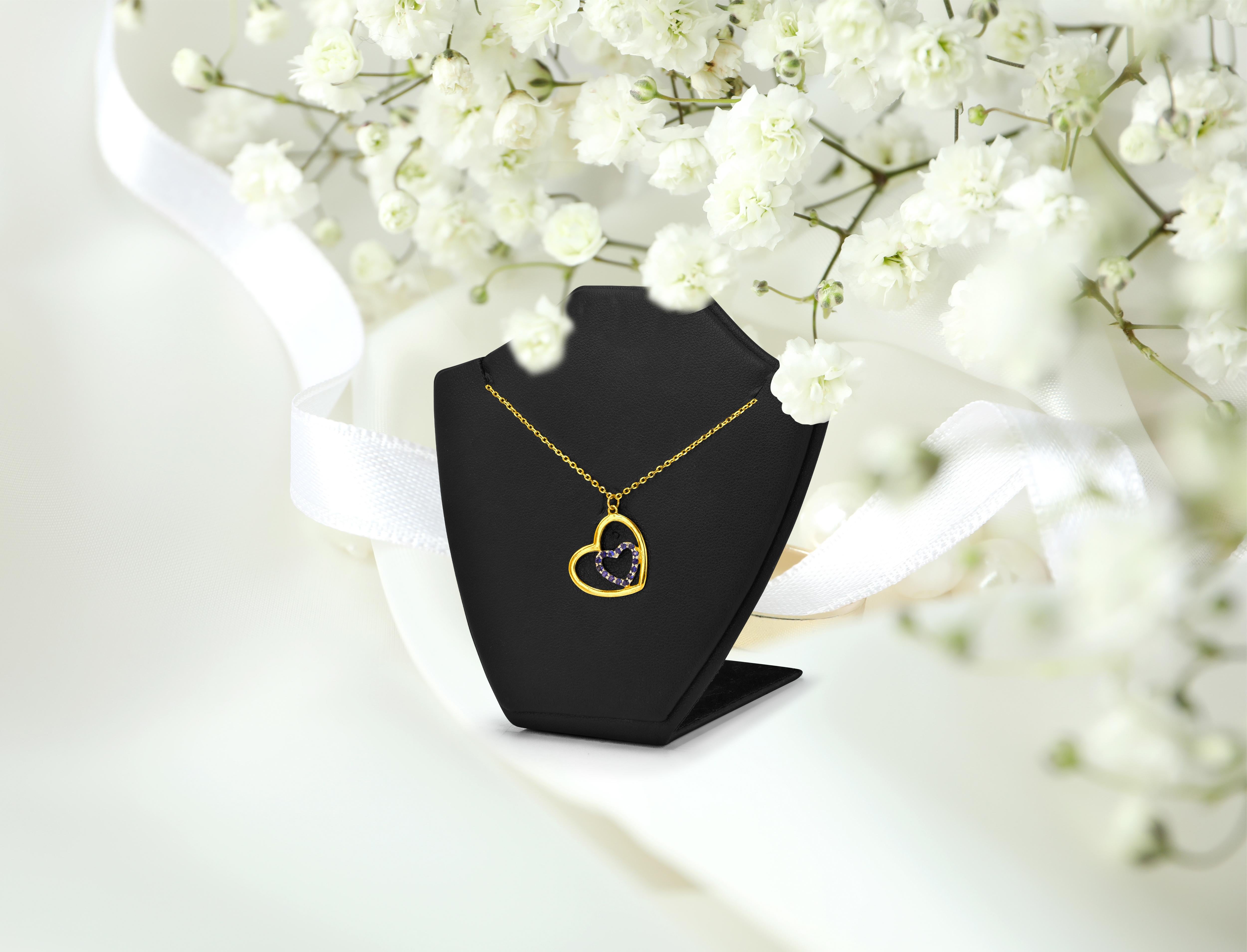 14k Gold Blue Sapphire Necklace Dainty Heart Necklace For Sale 3