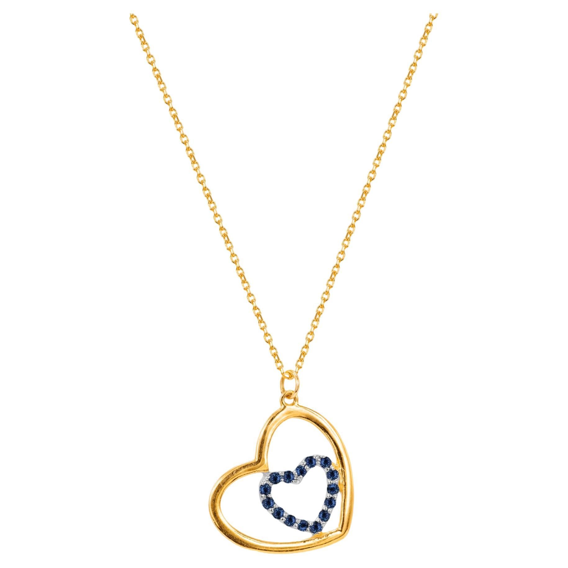 14k Gold Blue Sapphire Necklace Dainty Heart Necklace For Sale