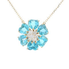 14K Gold Blue Topaz and Diamond Flower Necklace – 42cm
