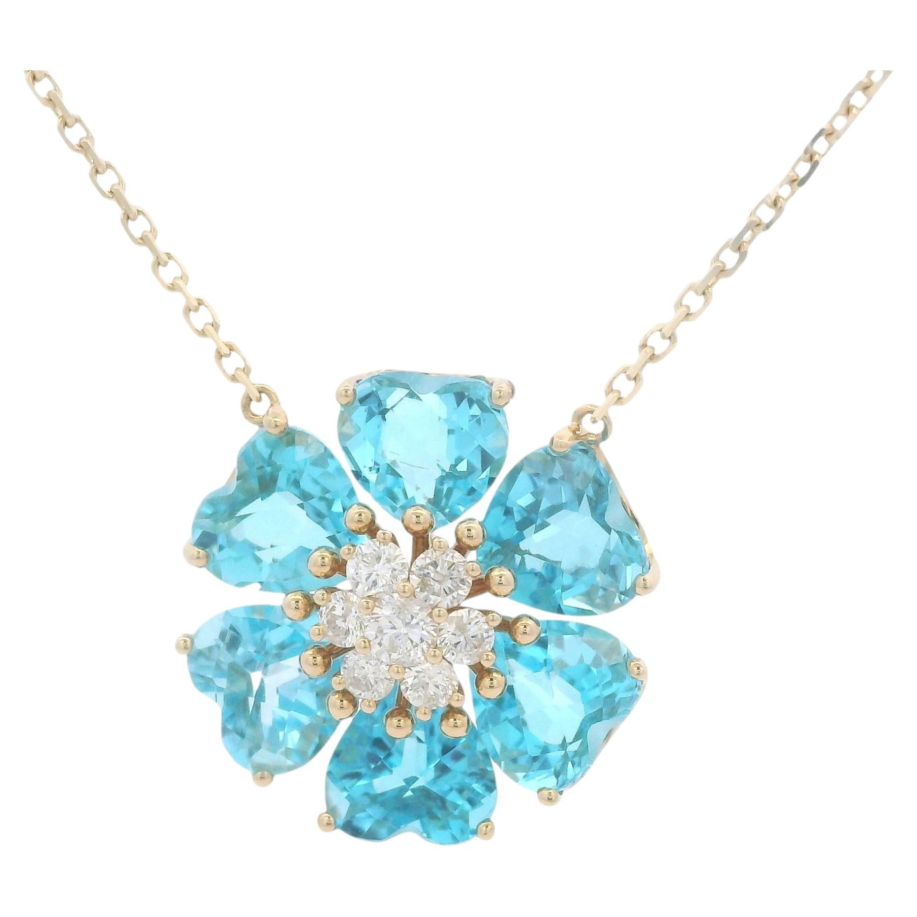 Vintage 14K Yellow Gold Blue Topaz Flower Pendant Necklace, 6.24ct