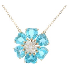 14K Gold Blue Topaz and Diamond Flower Necklace – 42cm
