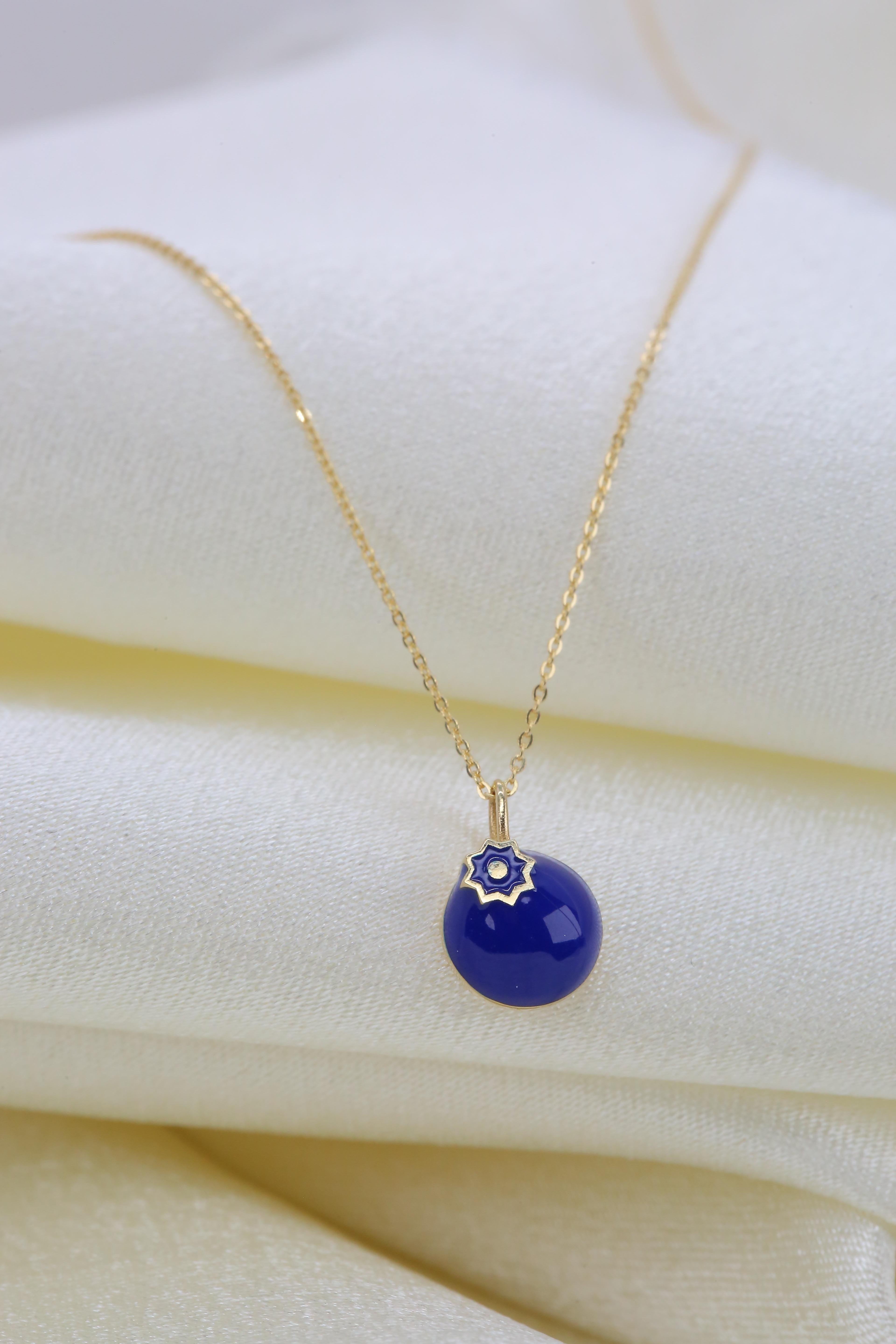 14K Gold Blueberry Necklace, Enamel Fruit Necklace In New Condition For Sale In ISTANBUL, TR