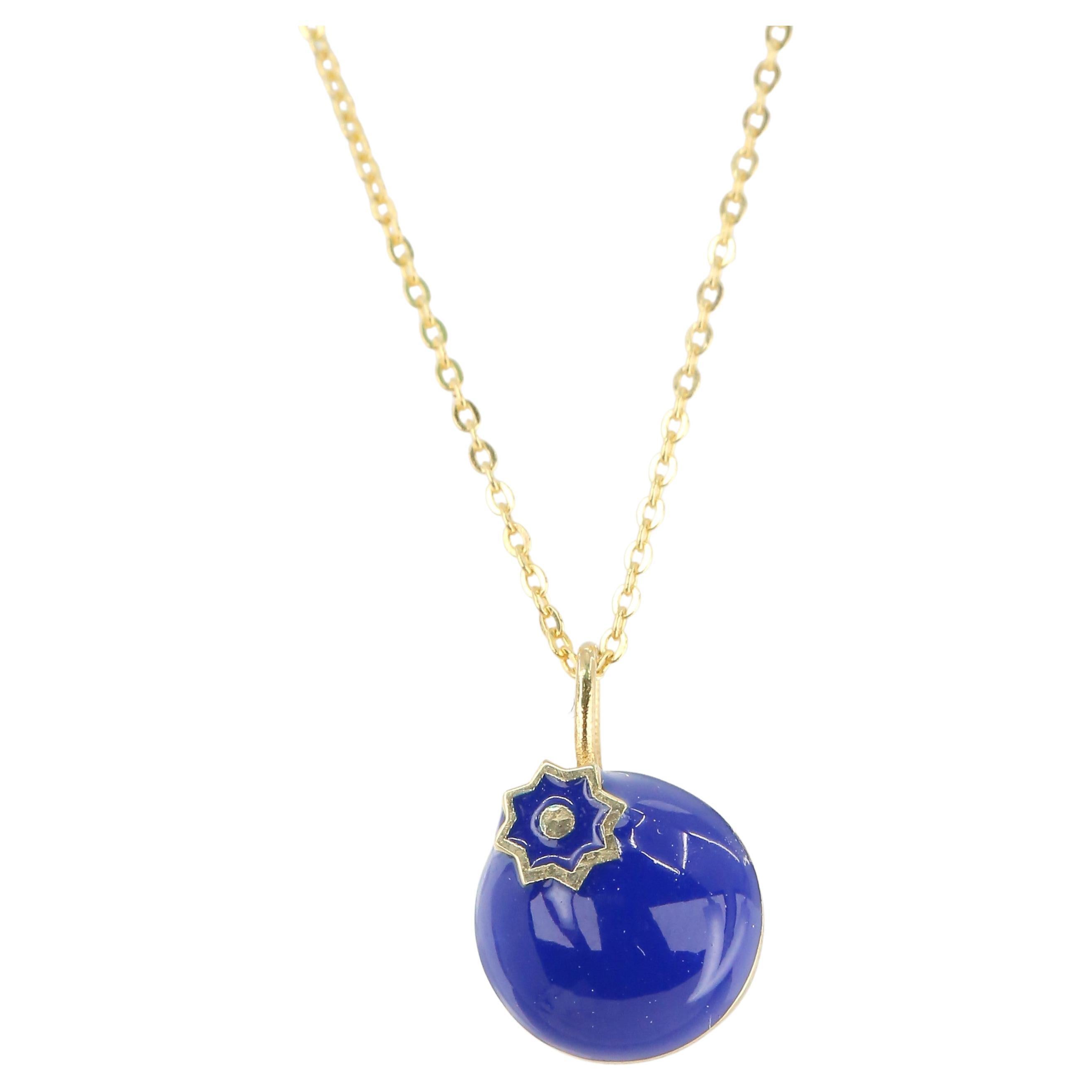 14K Gold Blueberry Necklace, Enamel Fruit Necklace For Sale