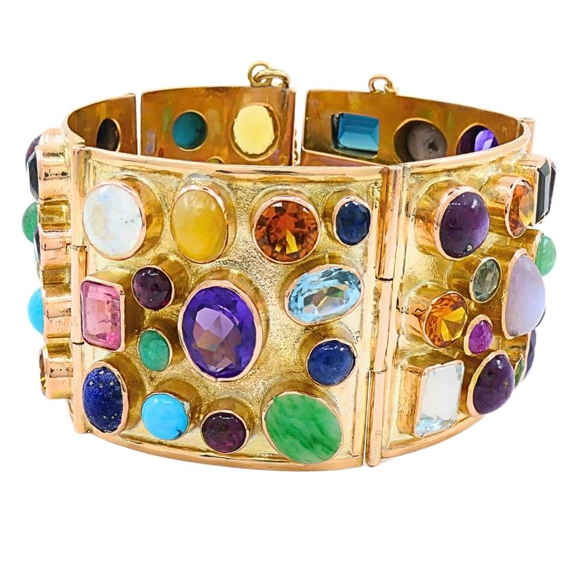 Women's 14k Gold Bracelet Cabochon Gemstones Vintage Jewelry
