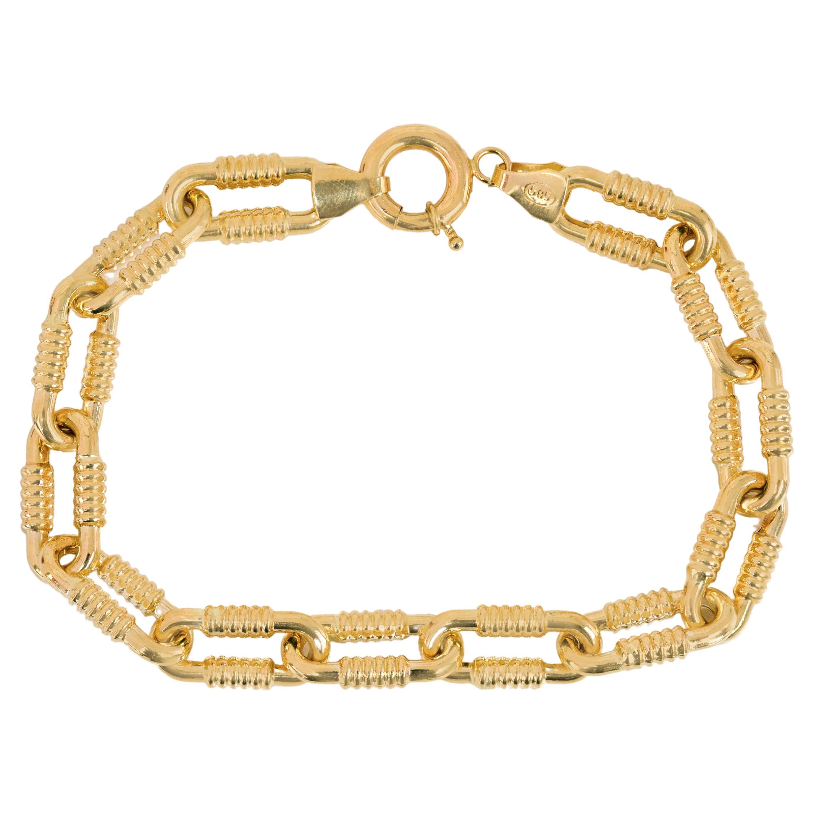 14k Gold Bracelet Patterned Paperclip Chain Model Bracelet For Sale