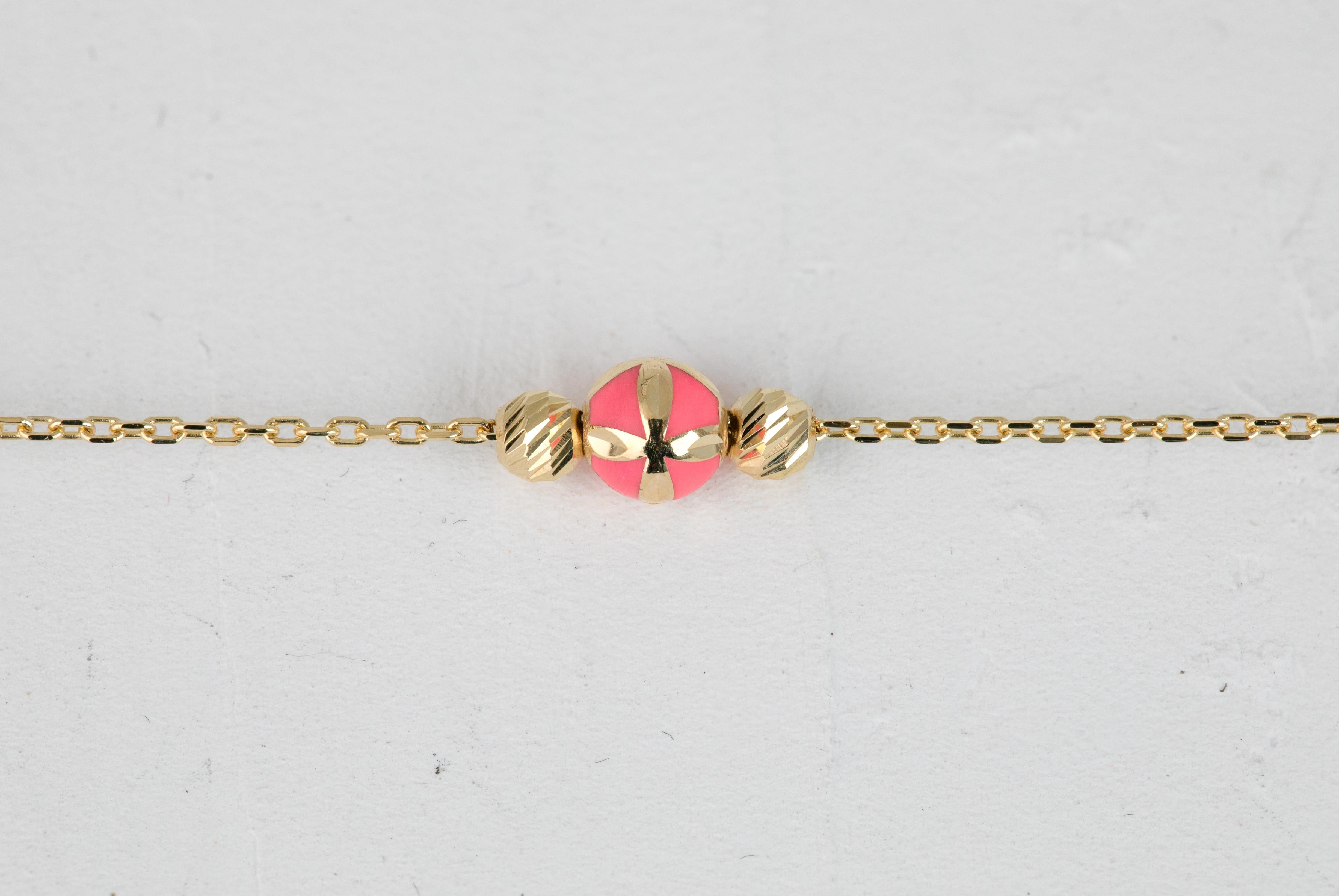 Contemporary 14k Gold Bracelet Pink Enameled and Dorica Collected Model Bracelet For Sale