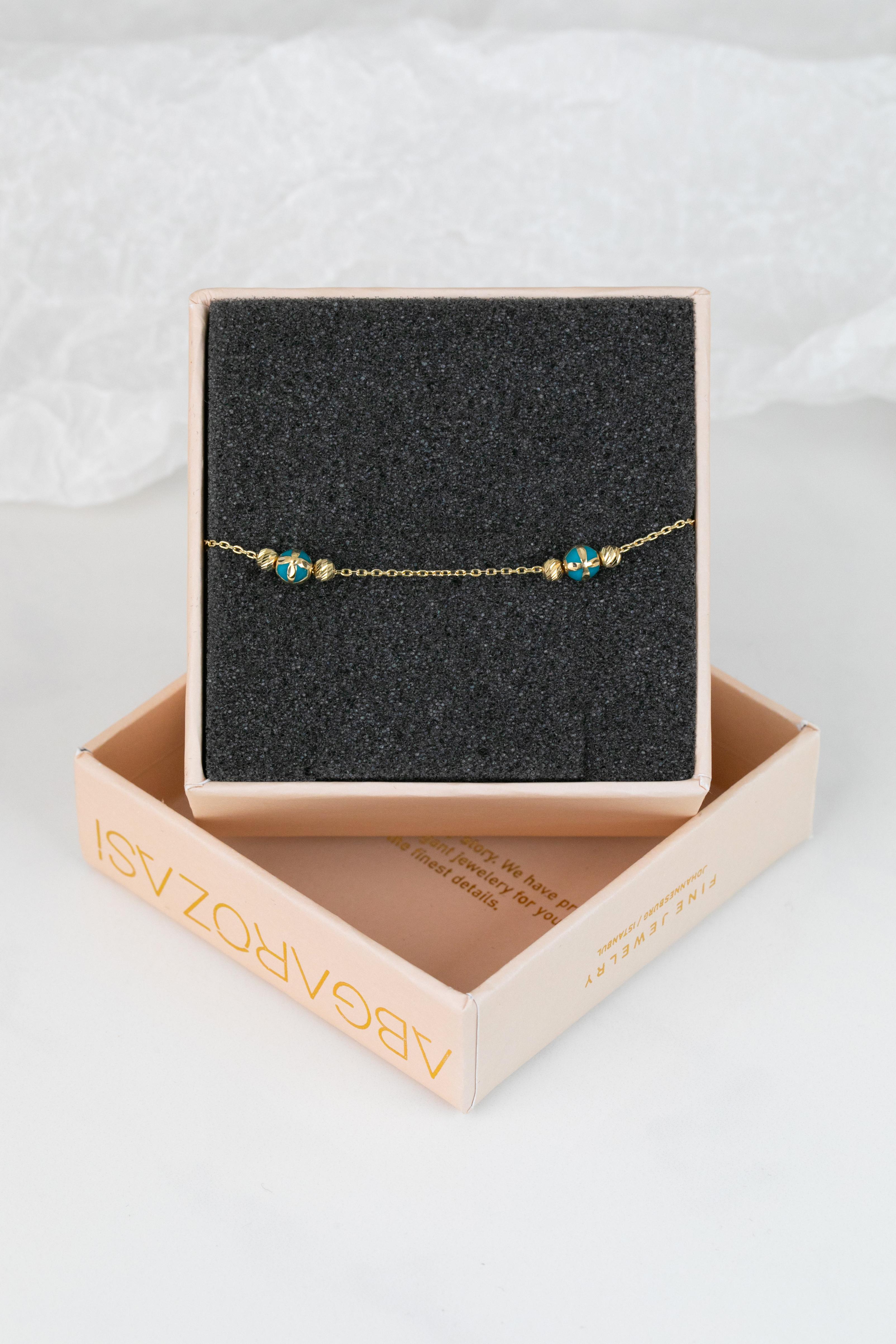 Women's 14k Gold Bracelet Turquoise Enamel and Dorica Collected Model Bracelet For Sale