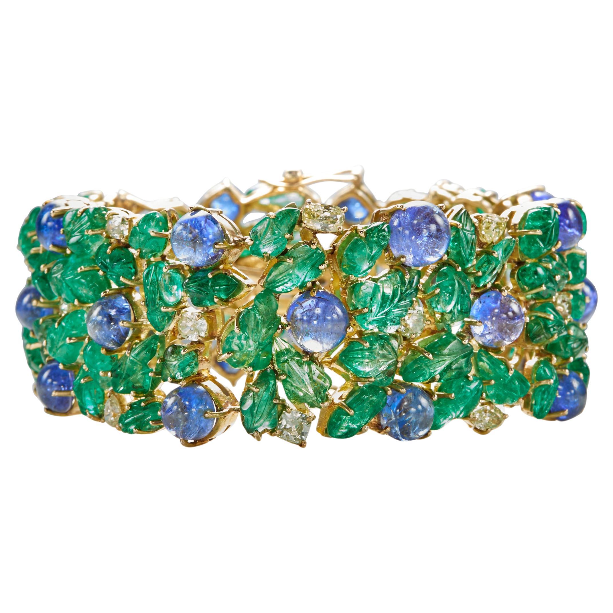 Pulsera de oro de 14k con tanzanita, esmeraldas y detalles de diamantes de 2,85 quilates, talla 7,5