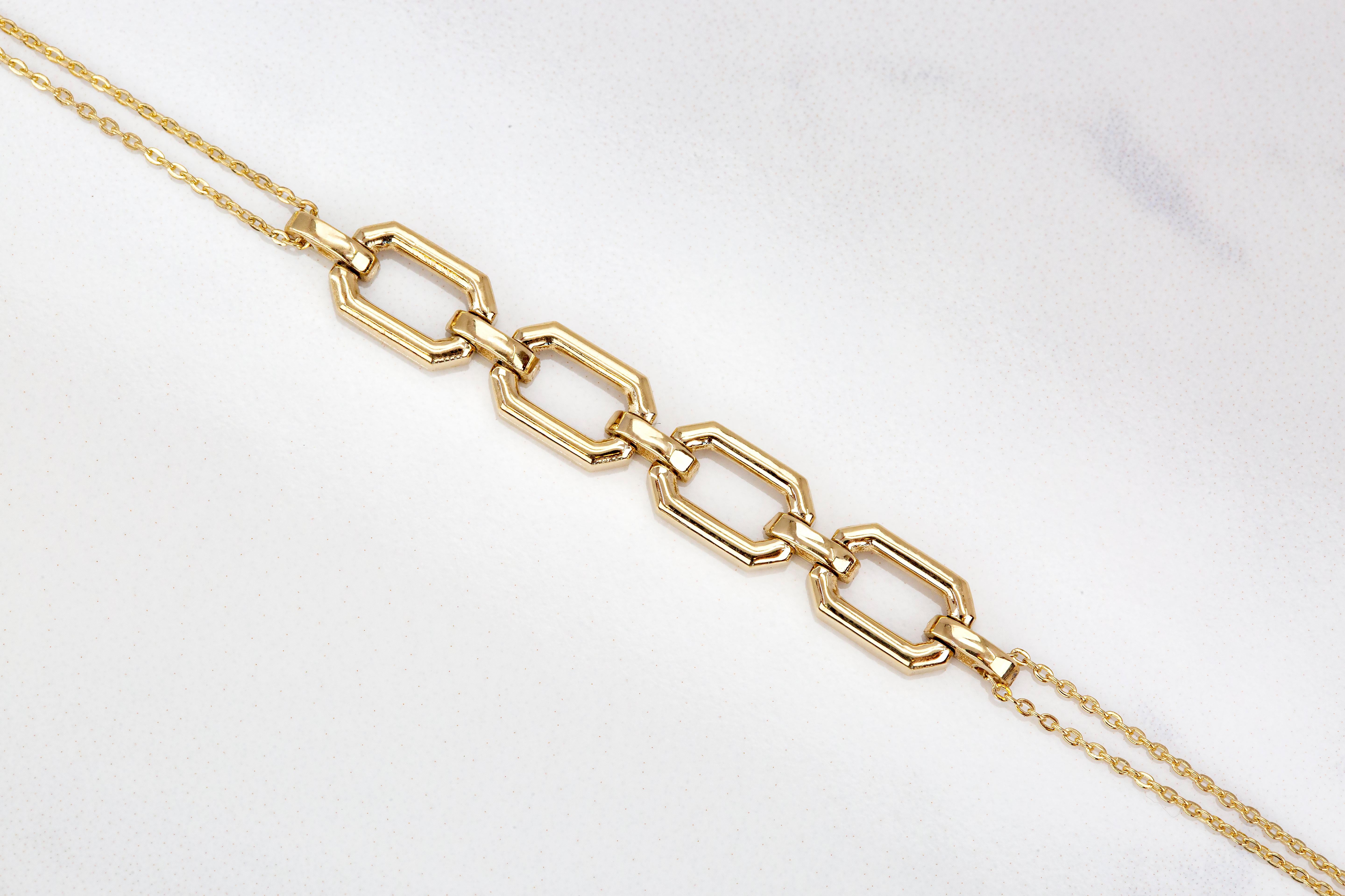 Art déco Bracelet rectangulaire en or 14 carats avec chaîne audacieuse, bracelet à chaîne en or 14 carats en vente