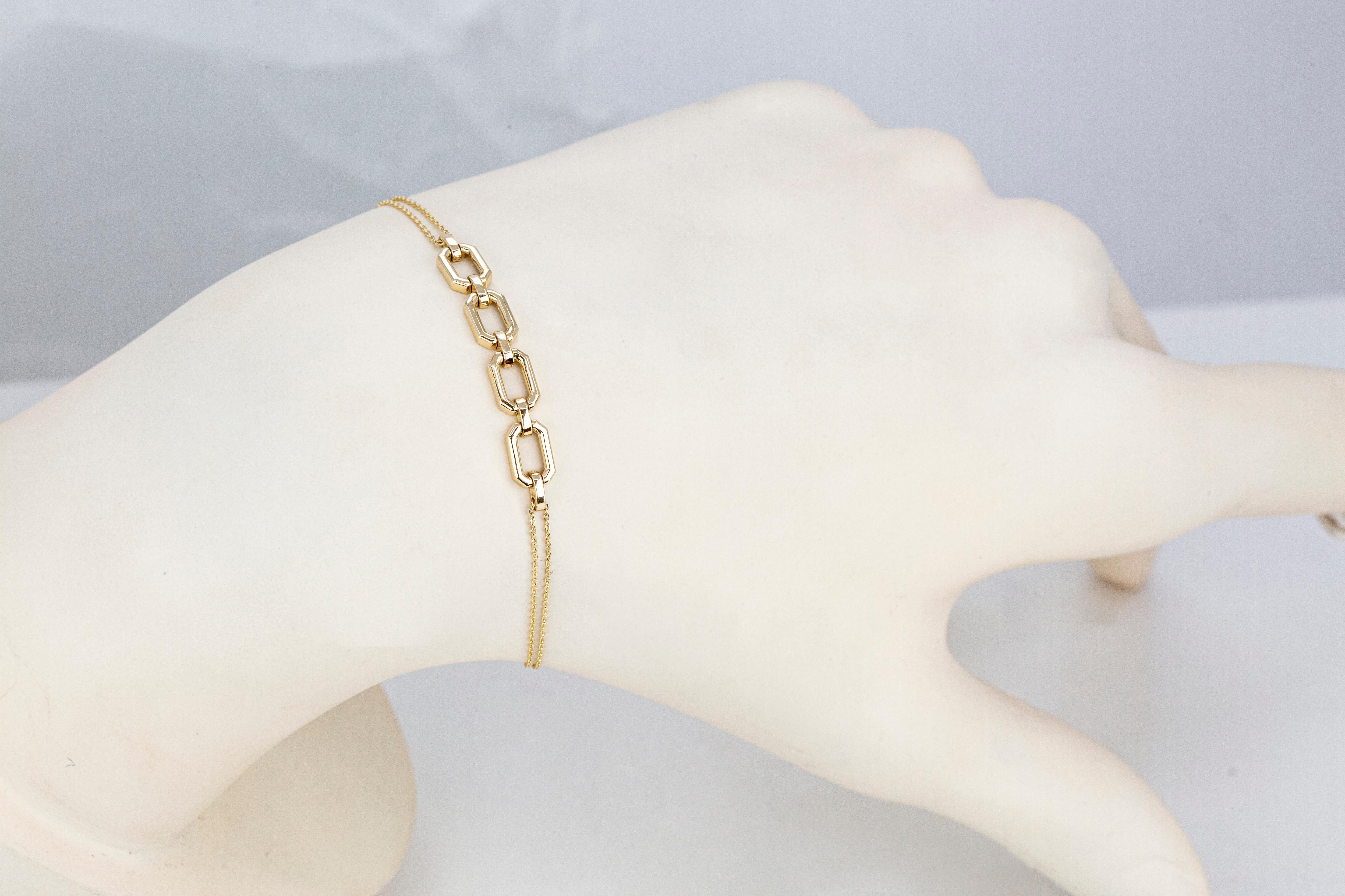 Bracelet rectangulaire en or 14 carats avec chaîne audacieuse, bracelet à chaîne en or 14 carats Neuf - En vente à ISTANBUL, TR