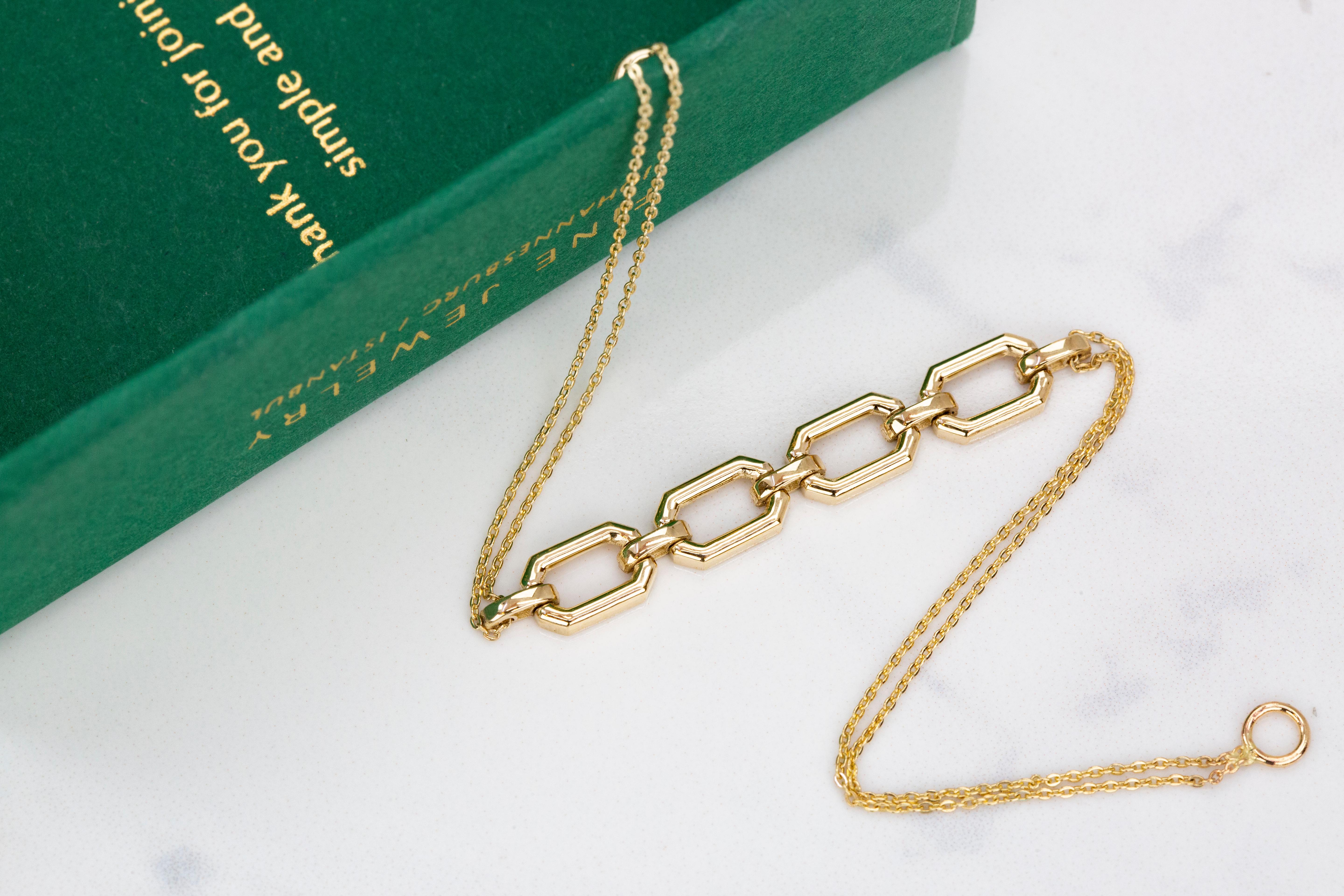 Bracelet rectangulaire en or 14 carats avec chaîne audacieuse, bracelet à chaîne en or 14 carats Pour femmes en vente