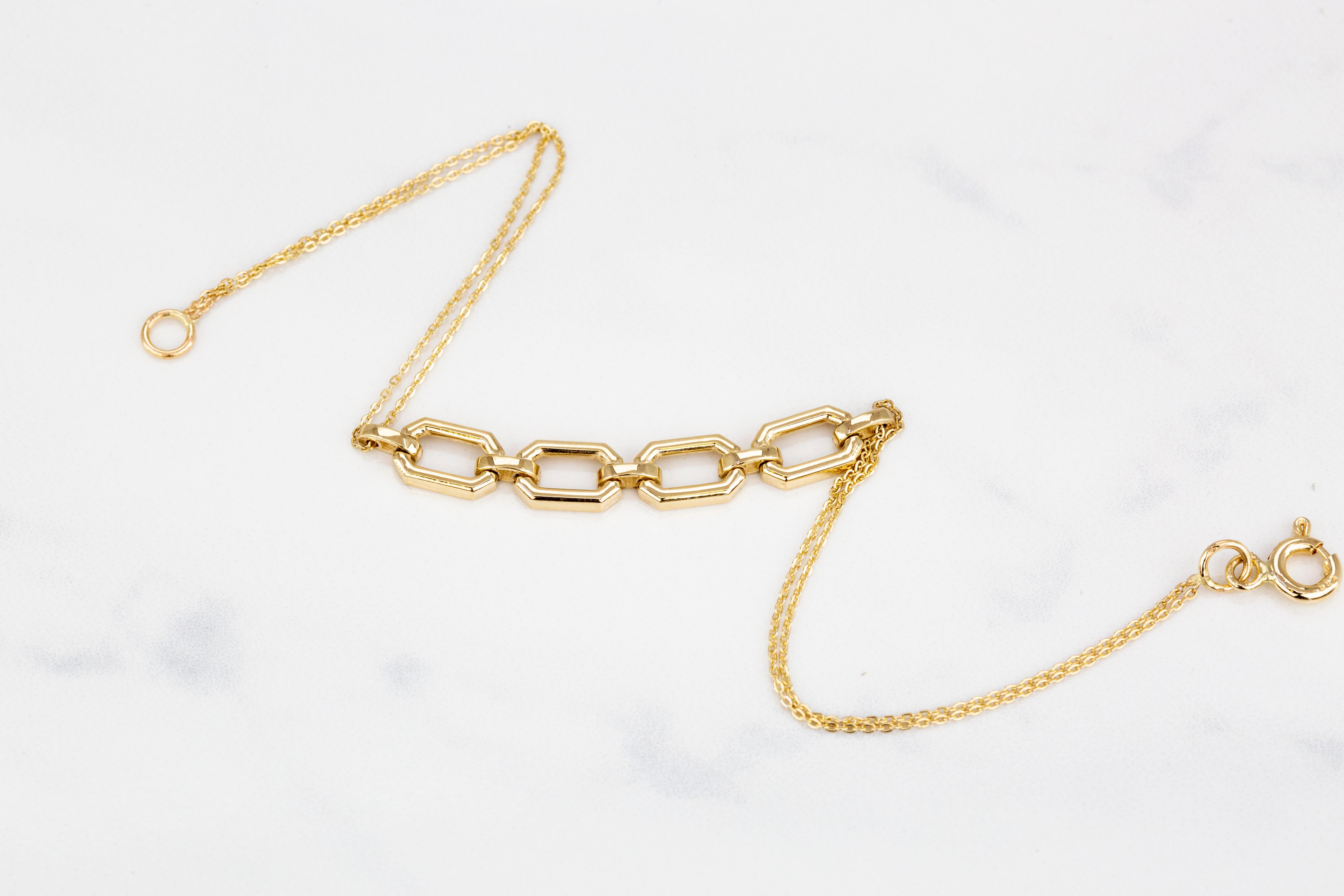 Women's 14K Gold Bracelet with Bold Chain, 14k Gold Chain Bracelet, Rectangle Bracelet For Sale