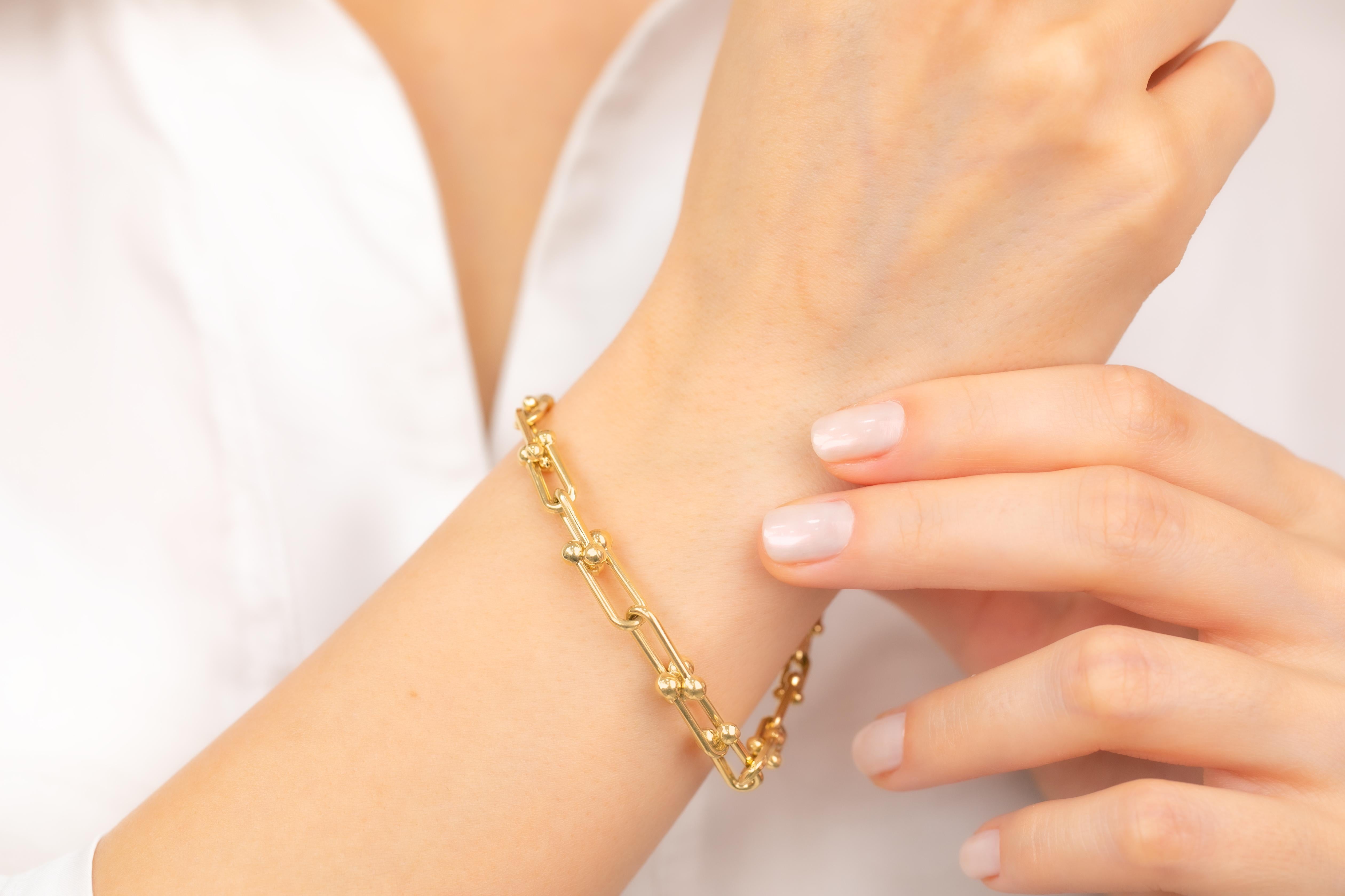 Women's 14k Gold Bracelet with Bold Chain, 14k Gold Chain Bracelet, Rectangle Bracelet For Sale
