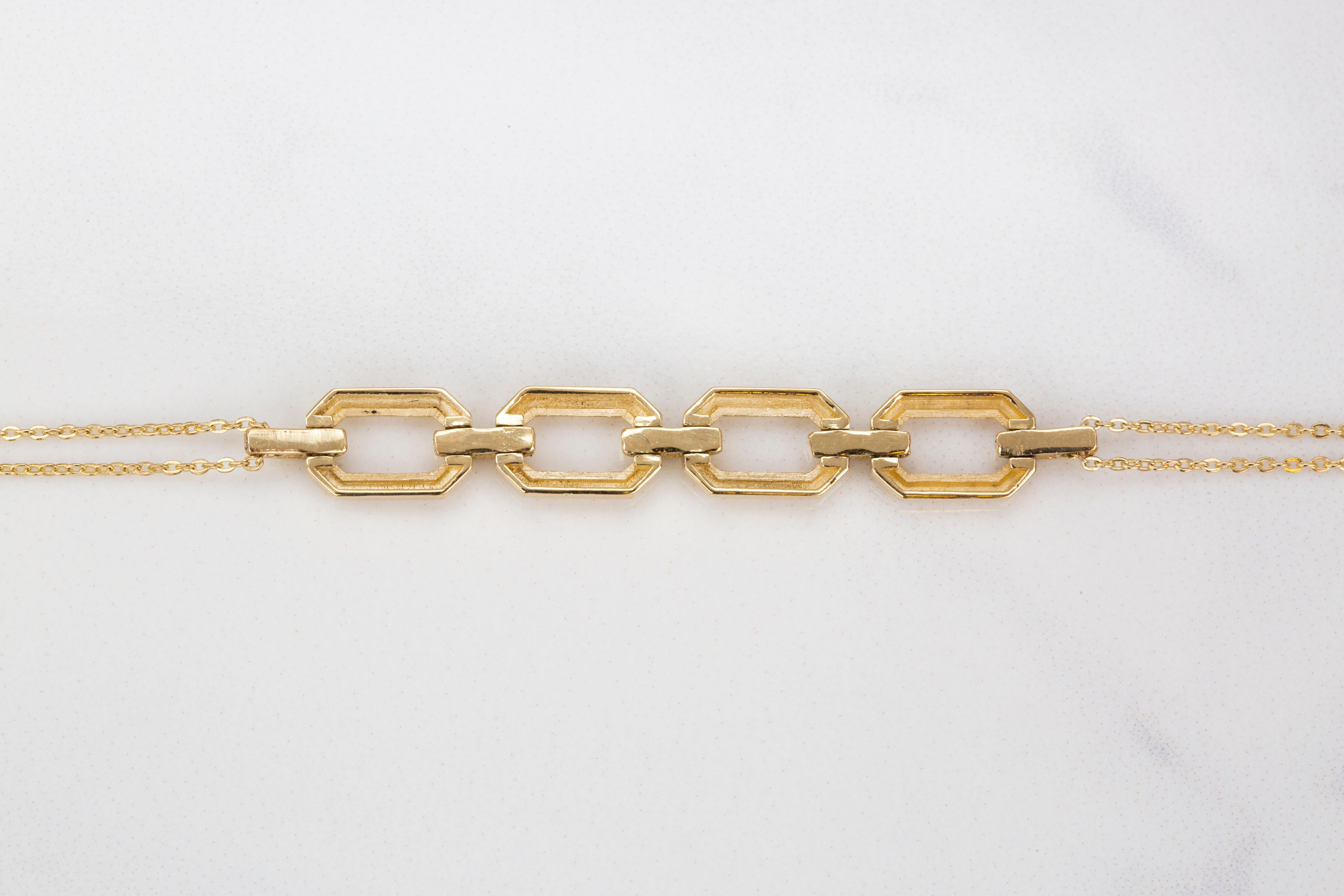 14K Gold Bracelet with Bold Chain, 14k Gold Chain Bracelet, Rectangle Bracelet For Sale 2