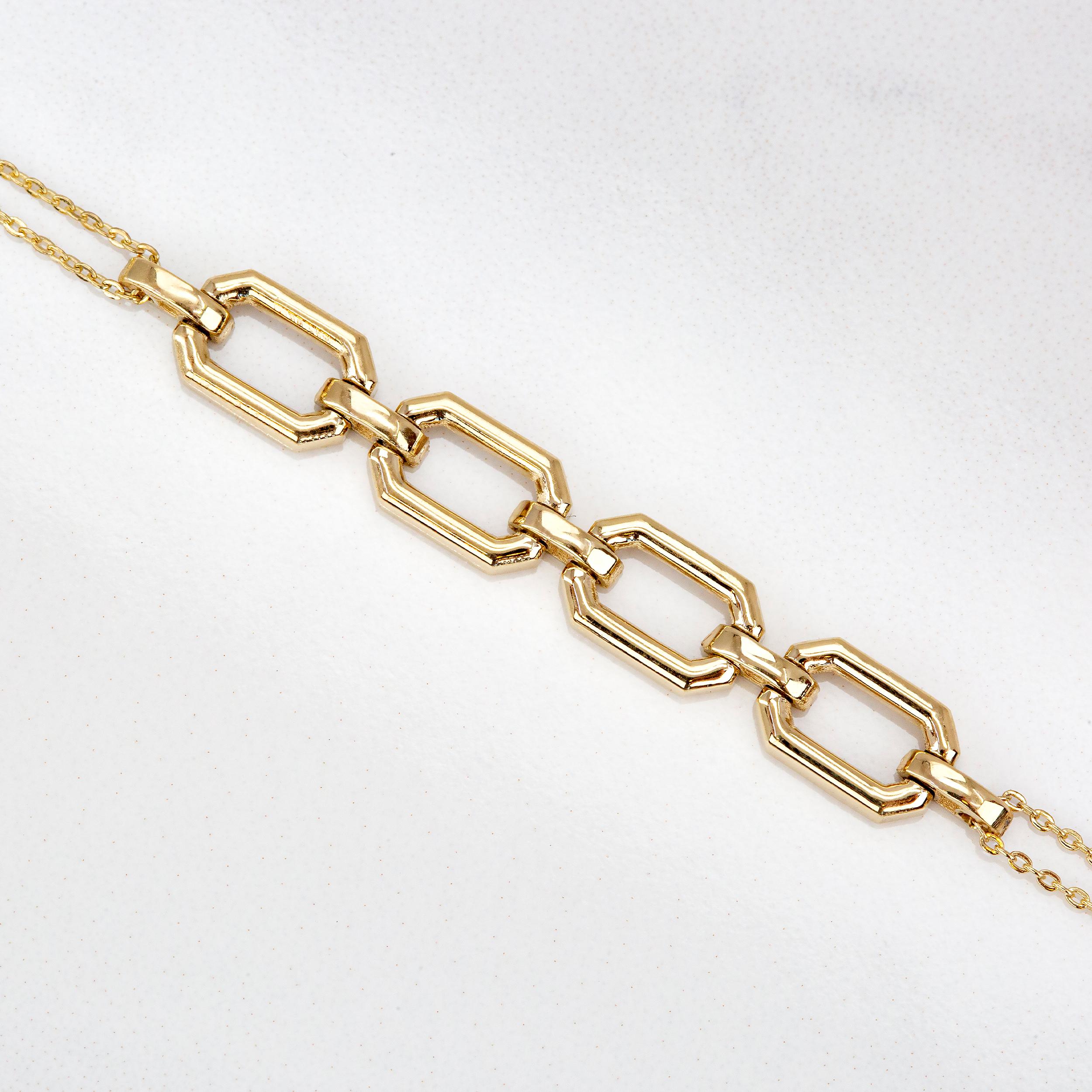 14K Gold Bracelet with Bold Chain, 14k Gold Chain Bracelet, Rectangle Bracelet For Sale 3