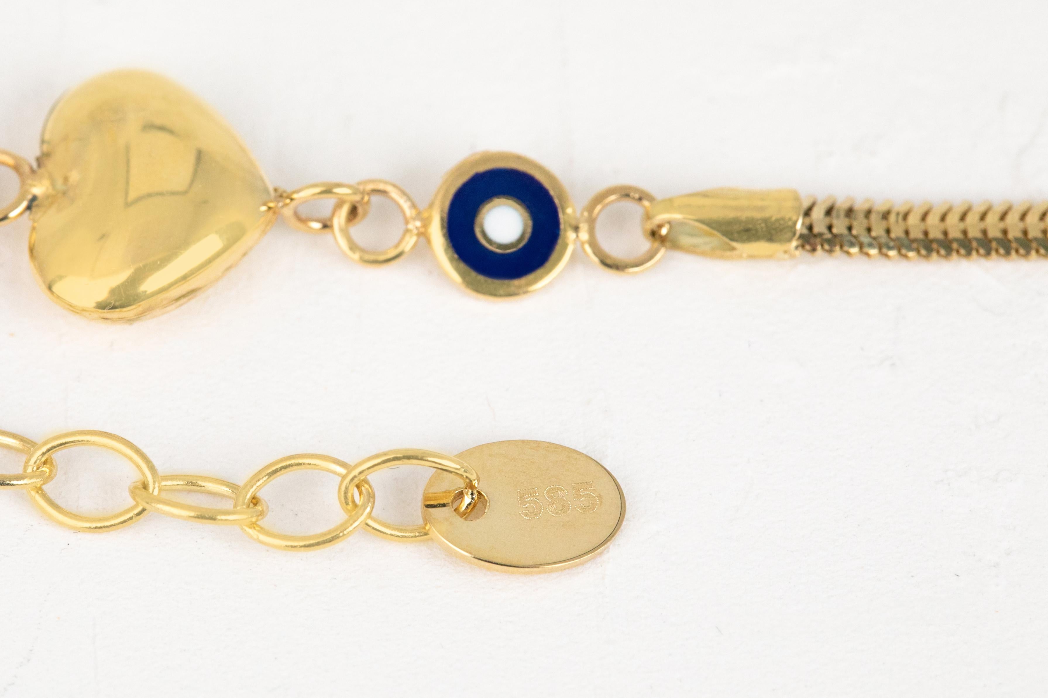 14k Gold Bracelet with Chain Bracelet, 14k Gold Enamel and Heart Symbol Bracelet For Sale 3