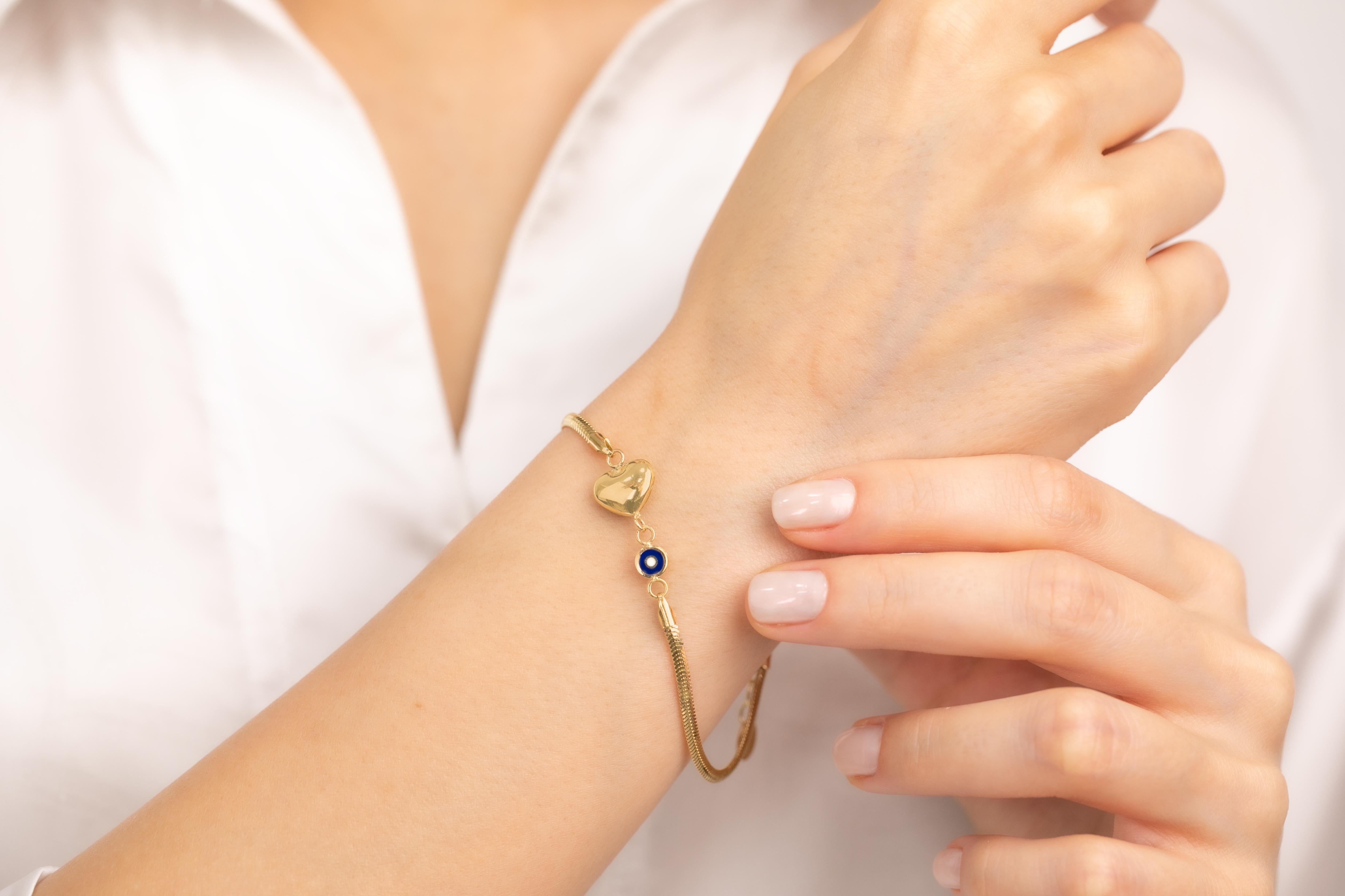 Contemporary 14k Gold Bracelet with Chain Bracelet, 14k Gold Enamel and Heart Symbol Bracelet For Sale