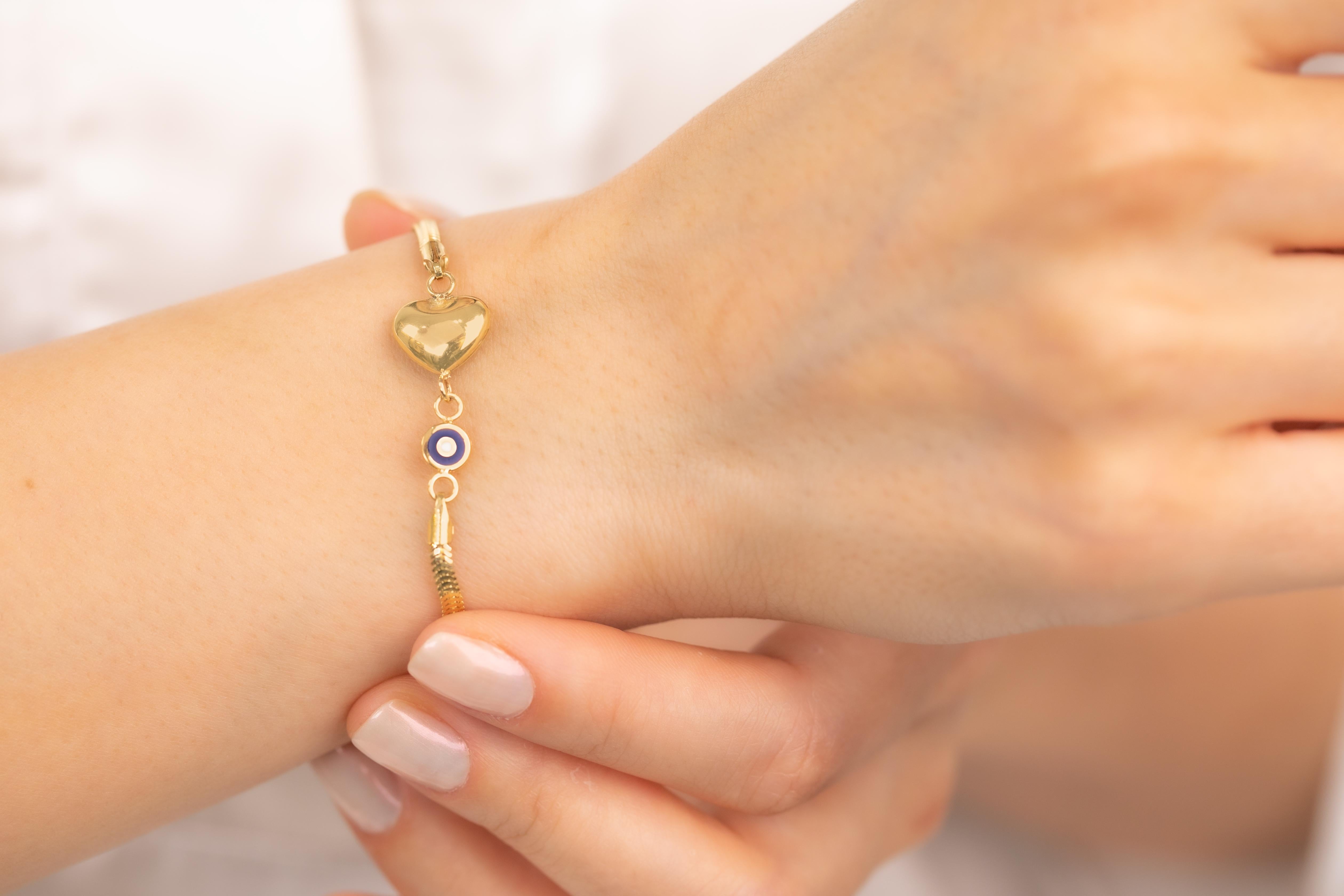 Women's or Men's 14k Gold Bracelet with Chain Bracelet, 14k Gold Enamel and Heart Symbol Bracelet For Sale