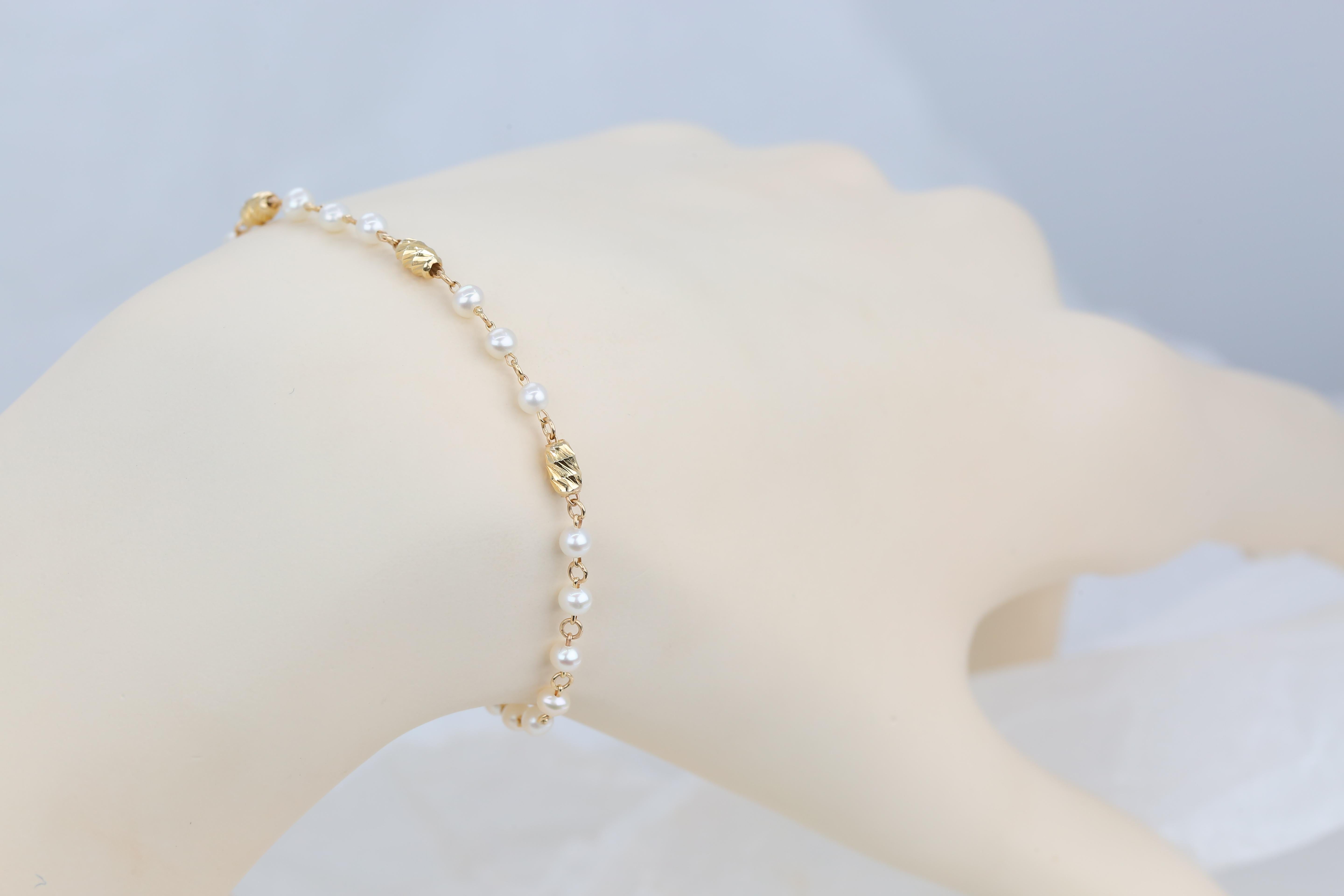 Bracelet en or 14 carats avec perles, bracelet de perles en or 14 carats, bracelet de perles Carlos Pour femmes en vente