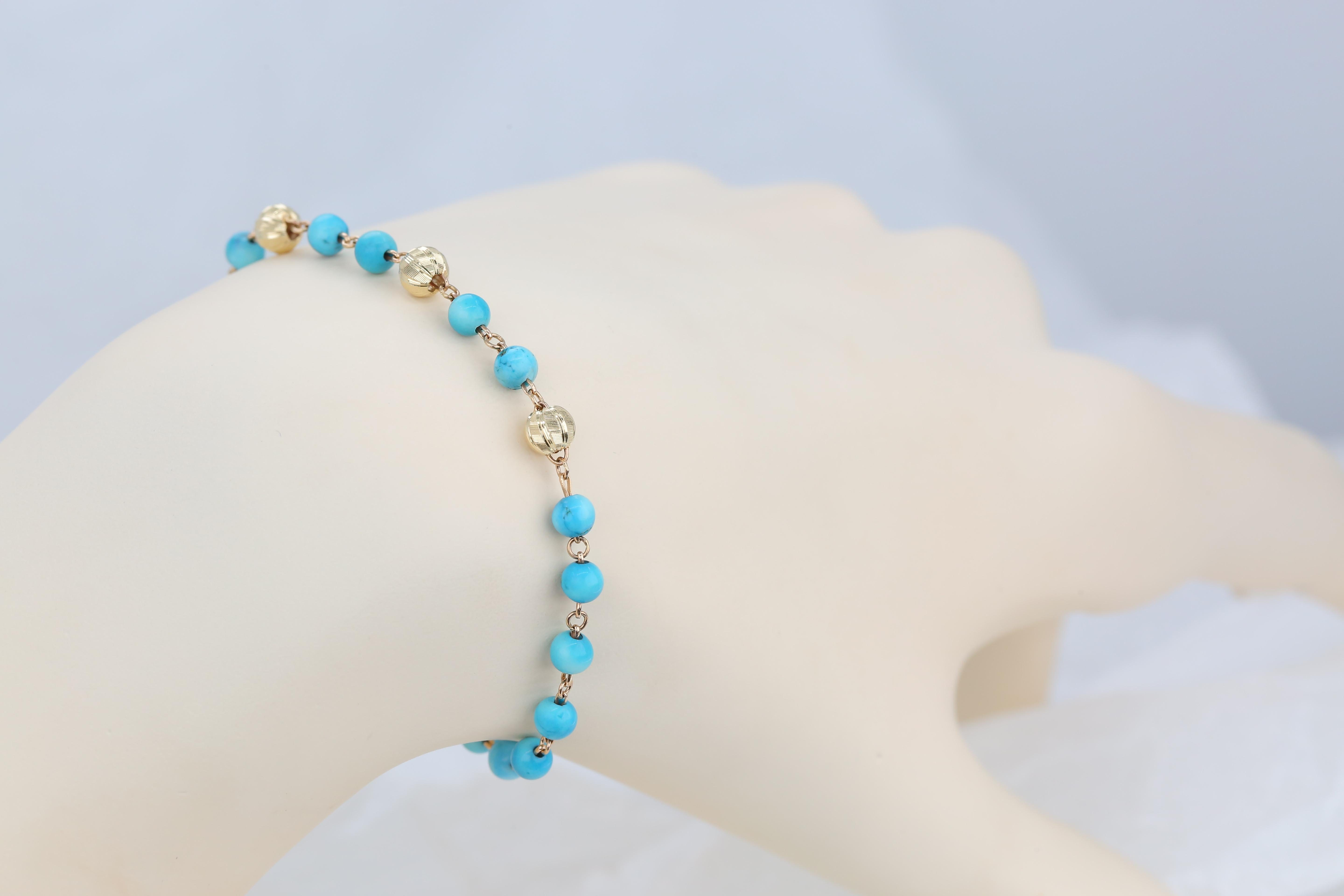 14K Gold Bracelet with Turquoise, 14k Gold Turquois Bracelet, Turquoise Bracelet For Sale 5