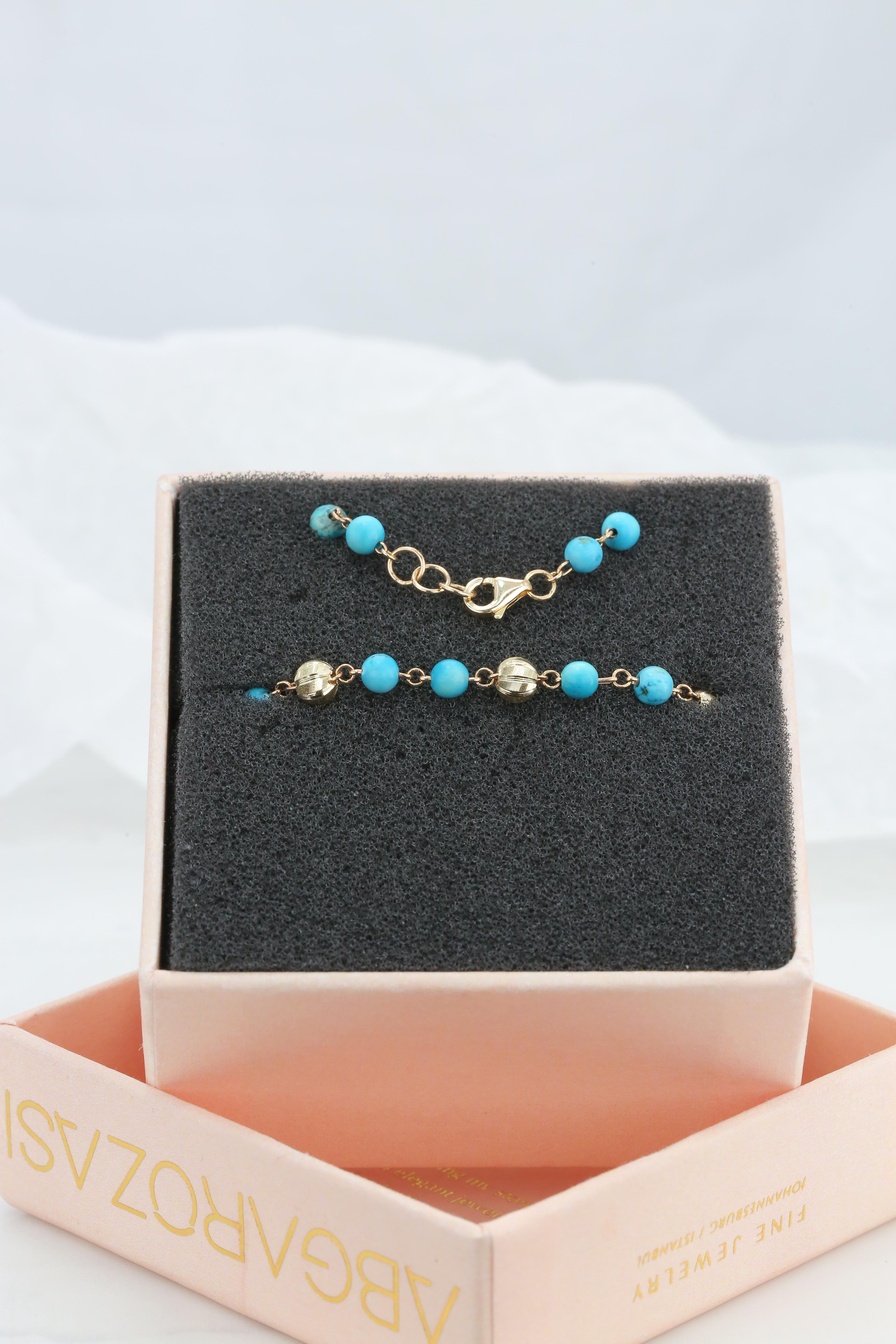 14K Gold Bracelet with Turquoise, 14k Gold Turquois Bracelet, Turquoise Bracelet In New Condition For Sale In ISTANBUL, TR