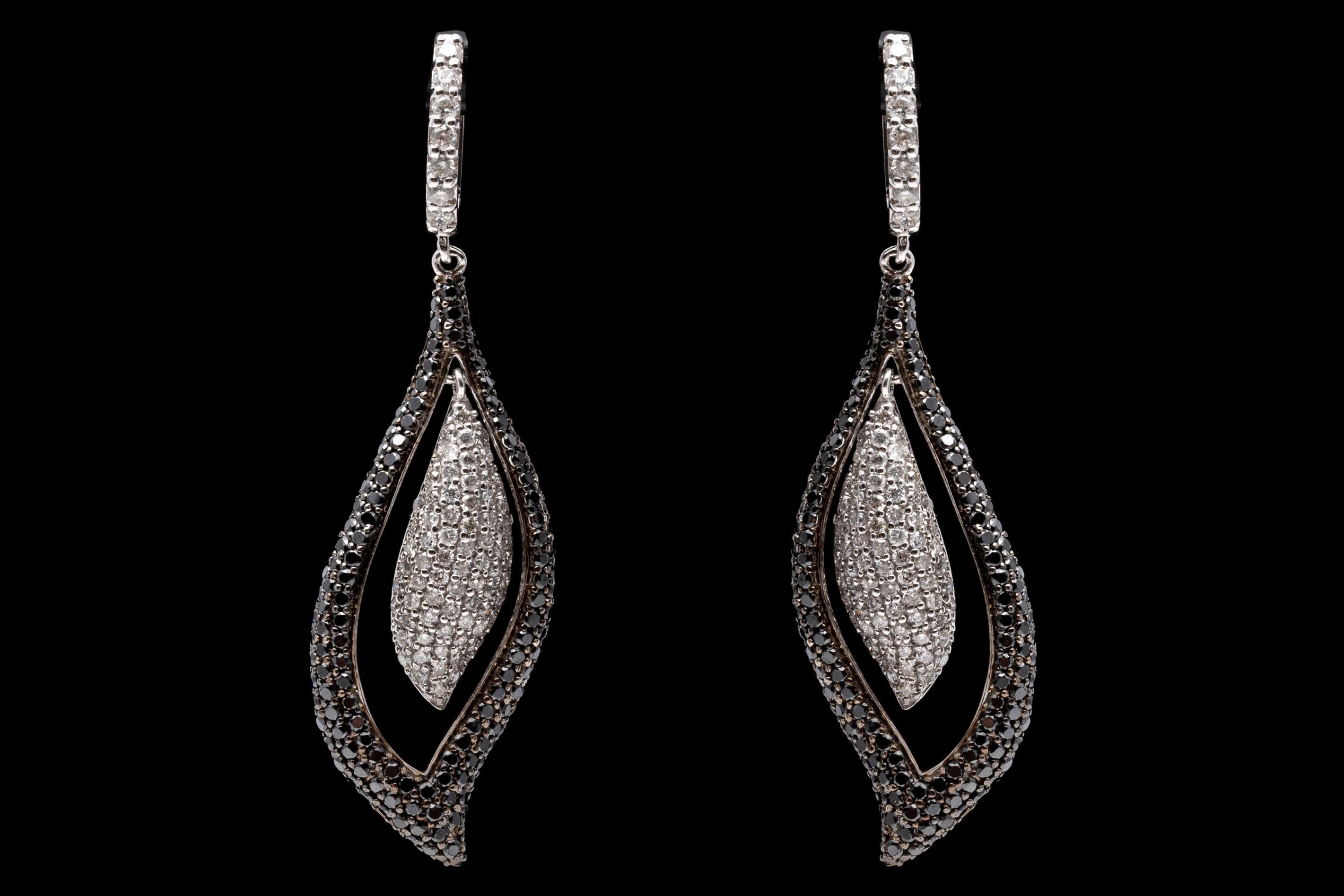 Contemporary 14k Gold Brilliant Black and White Diamond Drop Leaf Earrings, App. 2.90tcw For Sale