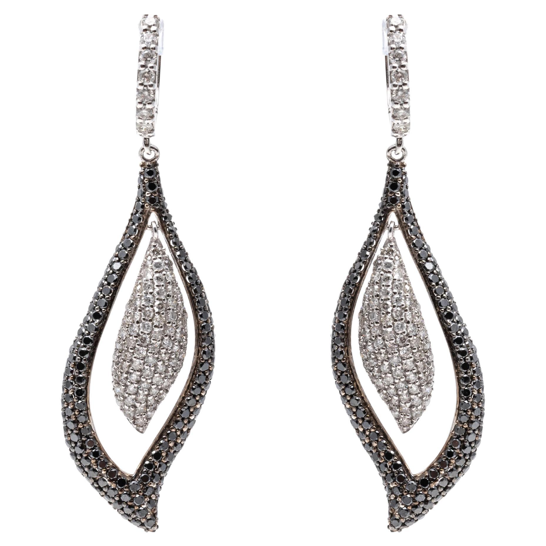 14k Gold Brilliant Black and White Diamond Drop Leaf Earrings, App. 2.90tcw For Sale