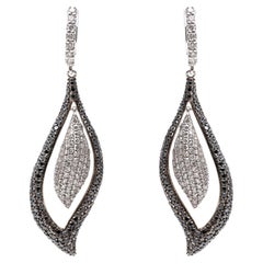 14k Gold Brilliant Black and White Diamond Drop Leaf Earrings, App. 2.90tcw