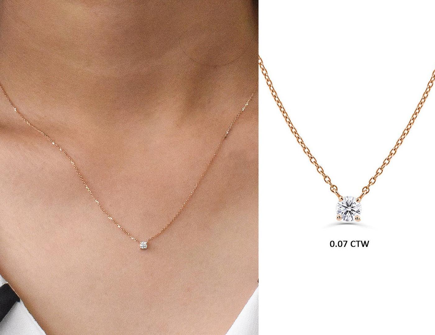 A single brilliant round cut Prong set diamond sits at the center of a thin 14k gold chain. 
Available in three colors of gold: White Gold / Rose Gold / Yellow Gold.

Natural genuine round cut diamond each diamond is hand selected by me to ensure