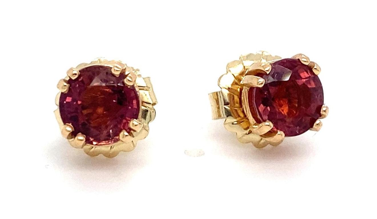 14k Gold & Brilliant Pink Tourmaline Stud Earrings, Screw Backs For Sale 3