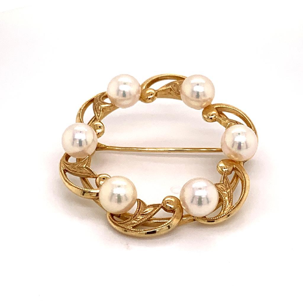 Women's Mikimoto Estate Brooch Pin with Pearls 14k Gold 7.83 Grams For Sale