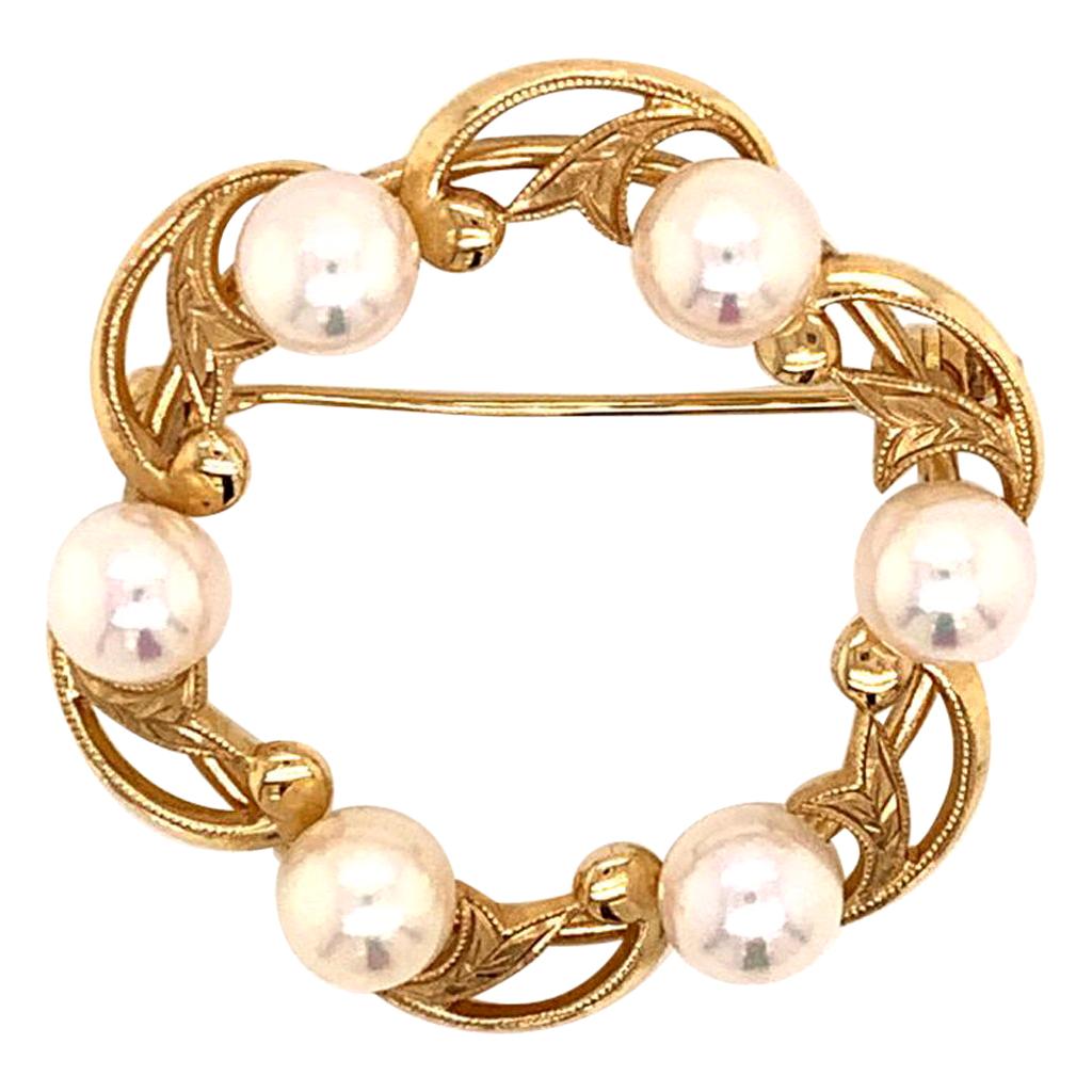Mikimoto Estate Brooch Pin with Pearls 14k Gold 7.83 Grams For Sale
