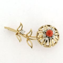 14k gold brooch shape of a flower with coral and old mine cut diamonds 1.60ct