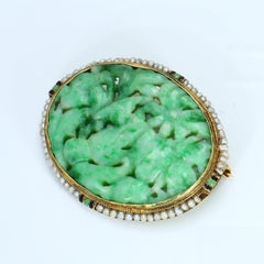14k Gold Brooch with Green Jade and Pearl Border